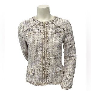 Chico’s Blazer Jacket Golden Tweed Theola Taupe/Lilac Women’s 0 Full Zip Fringe